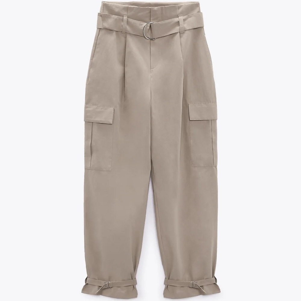ZARA Stylish Tan High-Waisted Cargo Pants